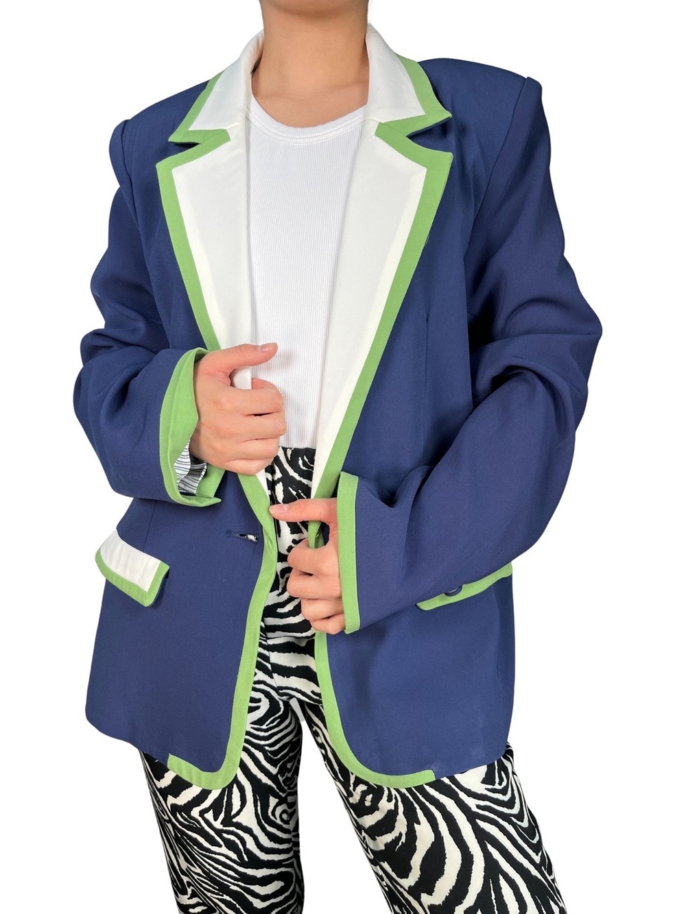 Anthropologie Navy Blazer with White Lapel and Green Trim